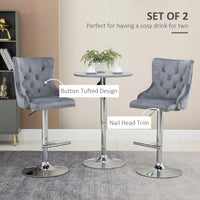Modern Adjustable Bar Stools Set of 2, Swivel Velvet Barstools, Counter Height Bar Chairs with Button Tufted Back, Footrest, Nailhead Trim for Home Bar, Grey
