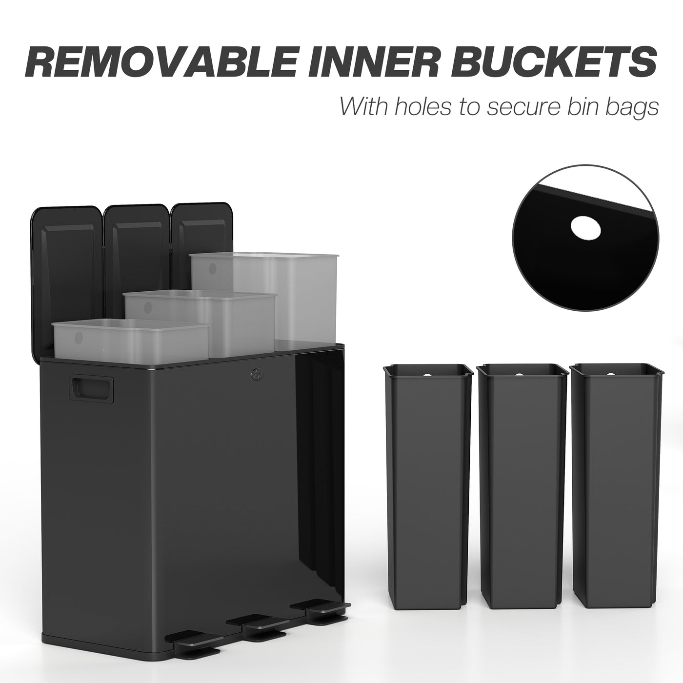 Garbage Bin, Soft-Close Trash Can with Foot Pedal, 3x5 Gallon (3x20 L) Garbage Can with Removable Inner Buckets, Black
