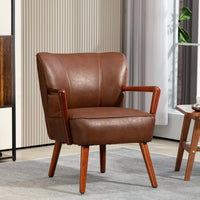 Accent Chair, Modern Armchair, Faux Leather Upholstered Living Room Chair with Wood Legs and Wide Padded Seat, Brown