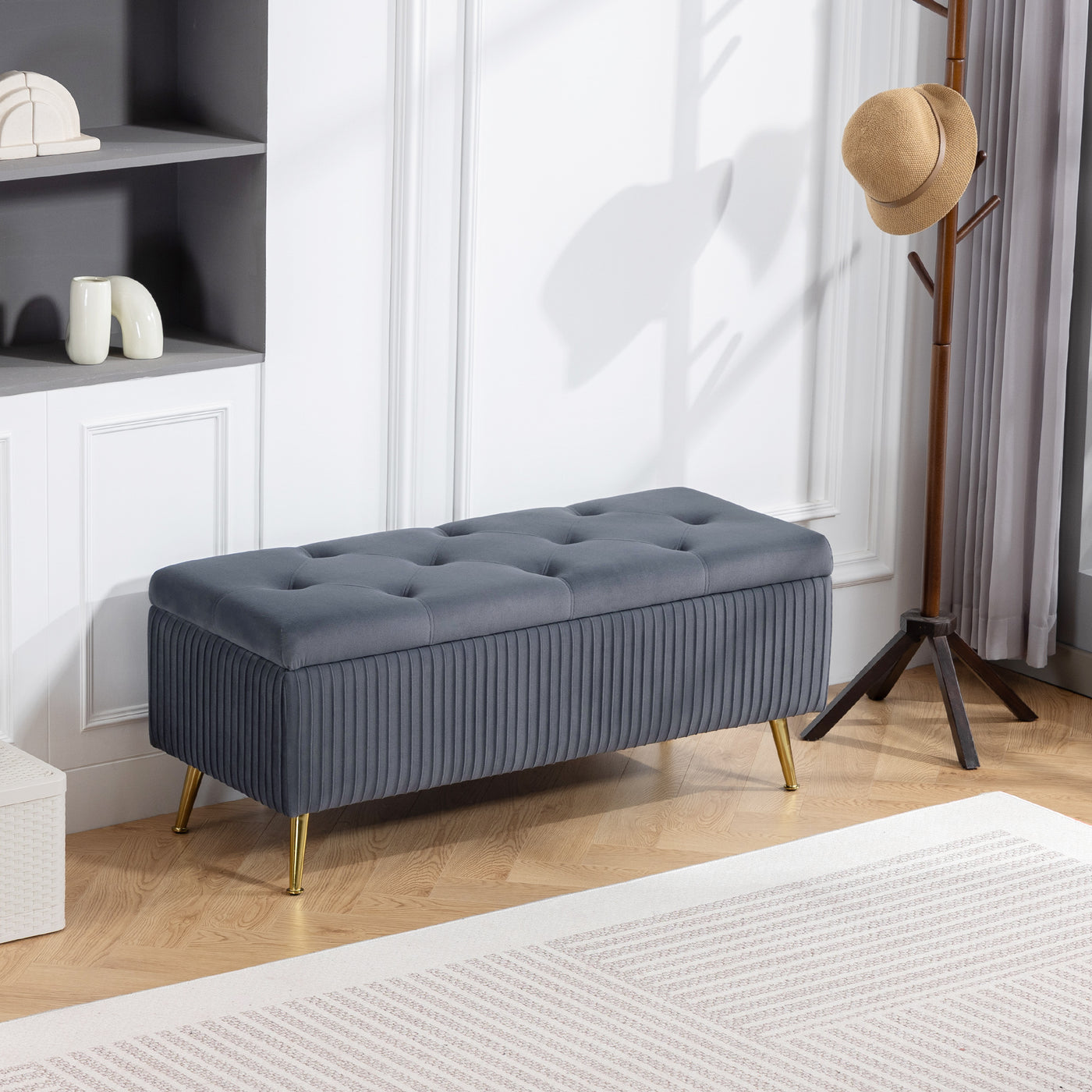 Storage Ottoman Bench, 43 Inch Large Storage Chest with Steel Legs and Padded Seat, Foot Rest, Load 485 lbs, Dark Grey