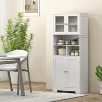 57" Kitchen Pantry, Freestanding Pantry Storage Cabinet with Glass Doors, Adjustable Shelves, Open Compartments, White