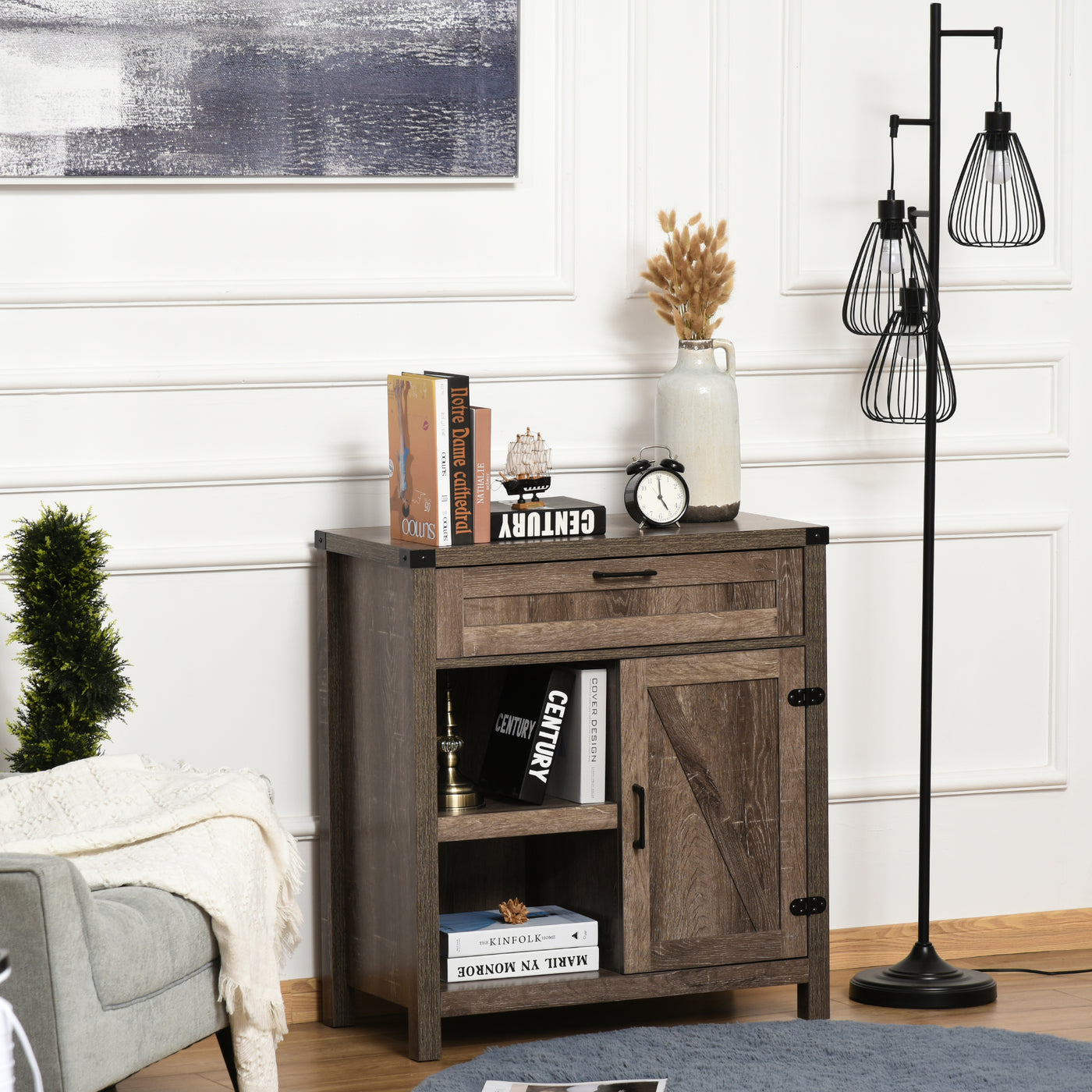 Rustic Barn Door Storage Cabinet Modern Farmhouse Buffet Sideboard for Kitchen & Dining Room  Dark Oak