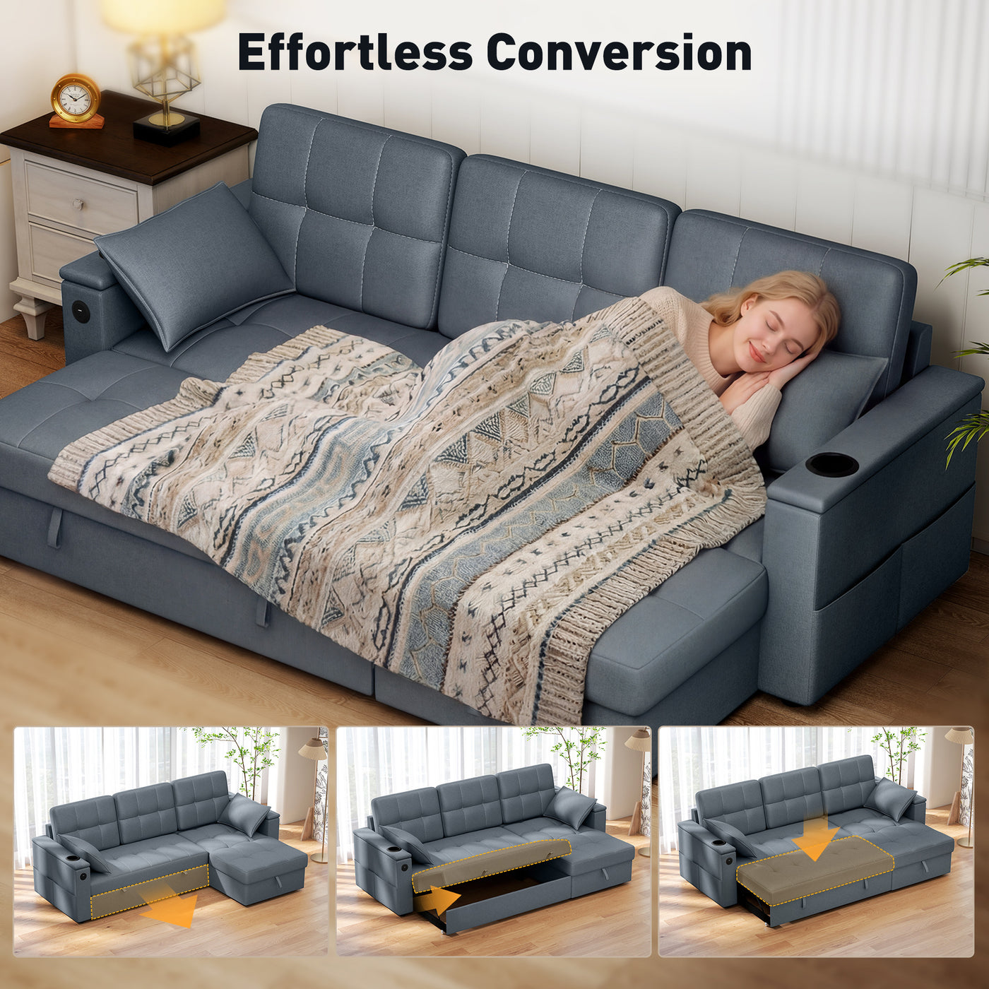 Convertible Sectional Sofa Bed, Pull Out Sleeper Sofa Couch with USB‑A+C, Chaise Storage, L-Shaped Futon Couch, Dark Grey