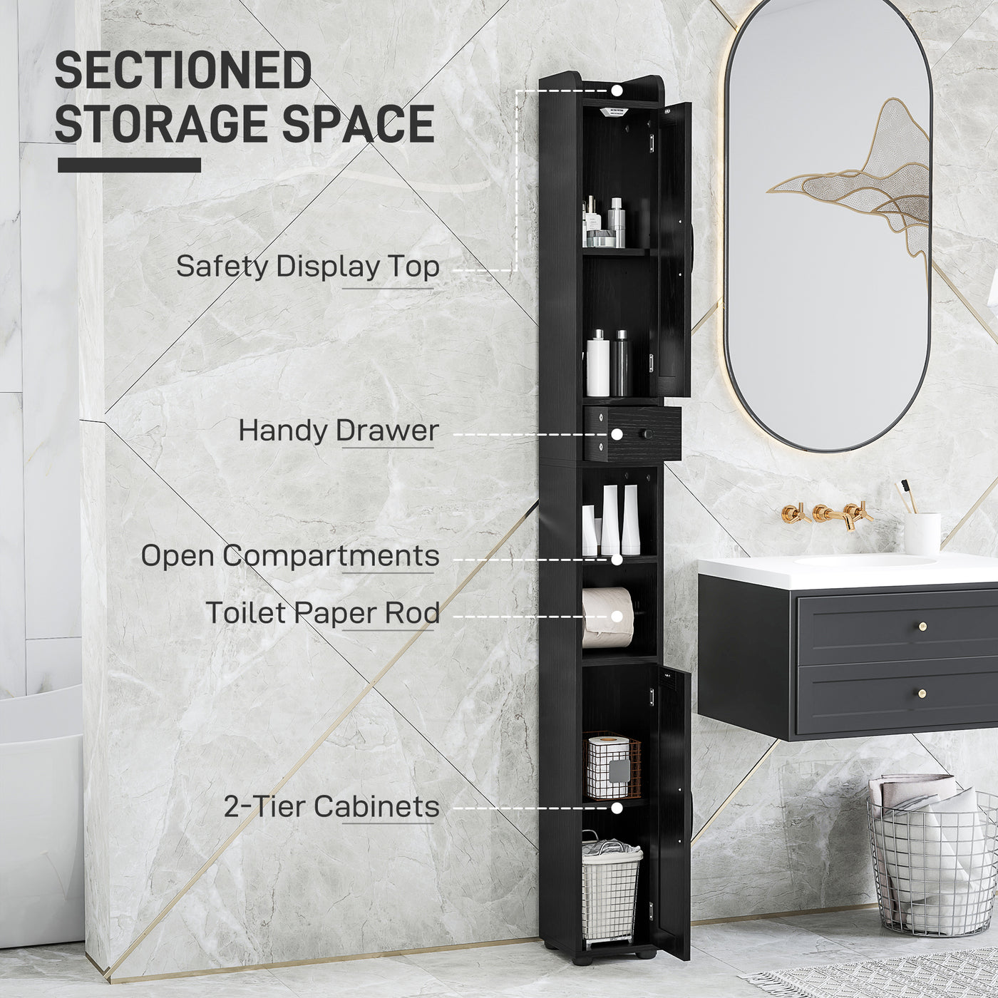 Narrow Bathroom Cabinet, Tall Bathroom Storage Cabinet with Barn Doors, Drawer and Adjustable Shelves, Black Wood Grain