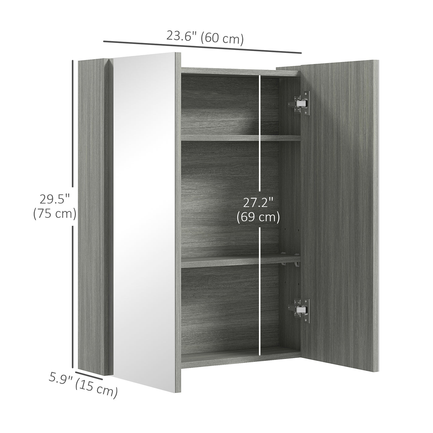 Wall Mount Mirrored Medicine Cabinet, Bathroom Mirror Cabinet with Adjustable Shelf, Double Soft Closing Doors, Grey