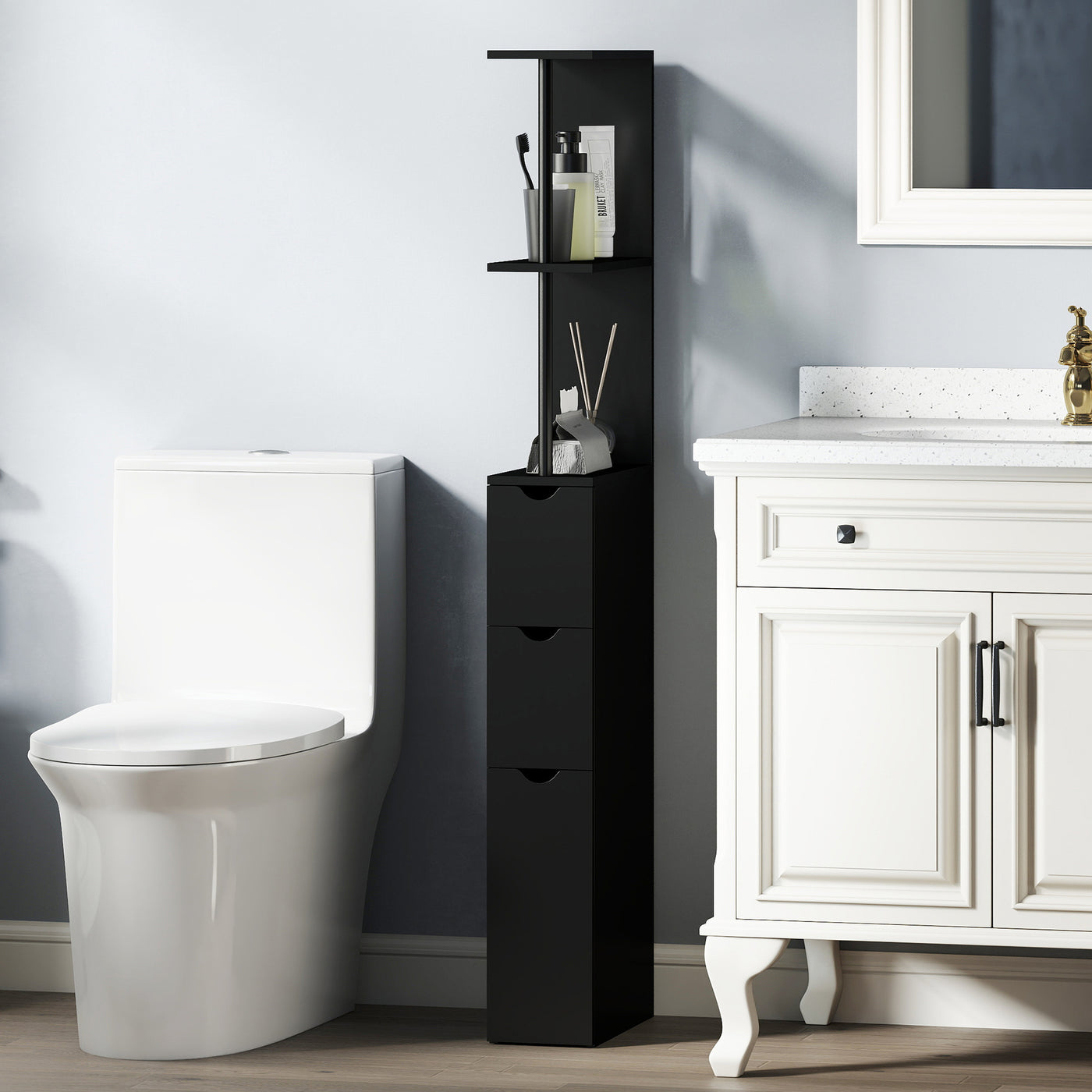 Tall Bathroom Storage Cabinet, Narrow Bathroom Cabinet with Drawers and Open Shelves for Small Spaces, Black
