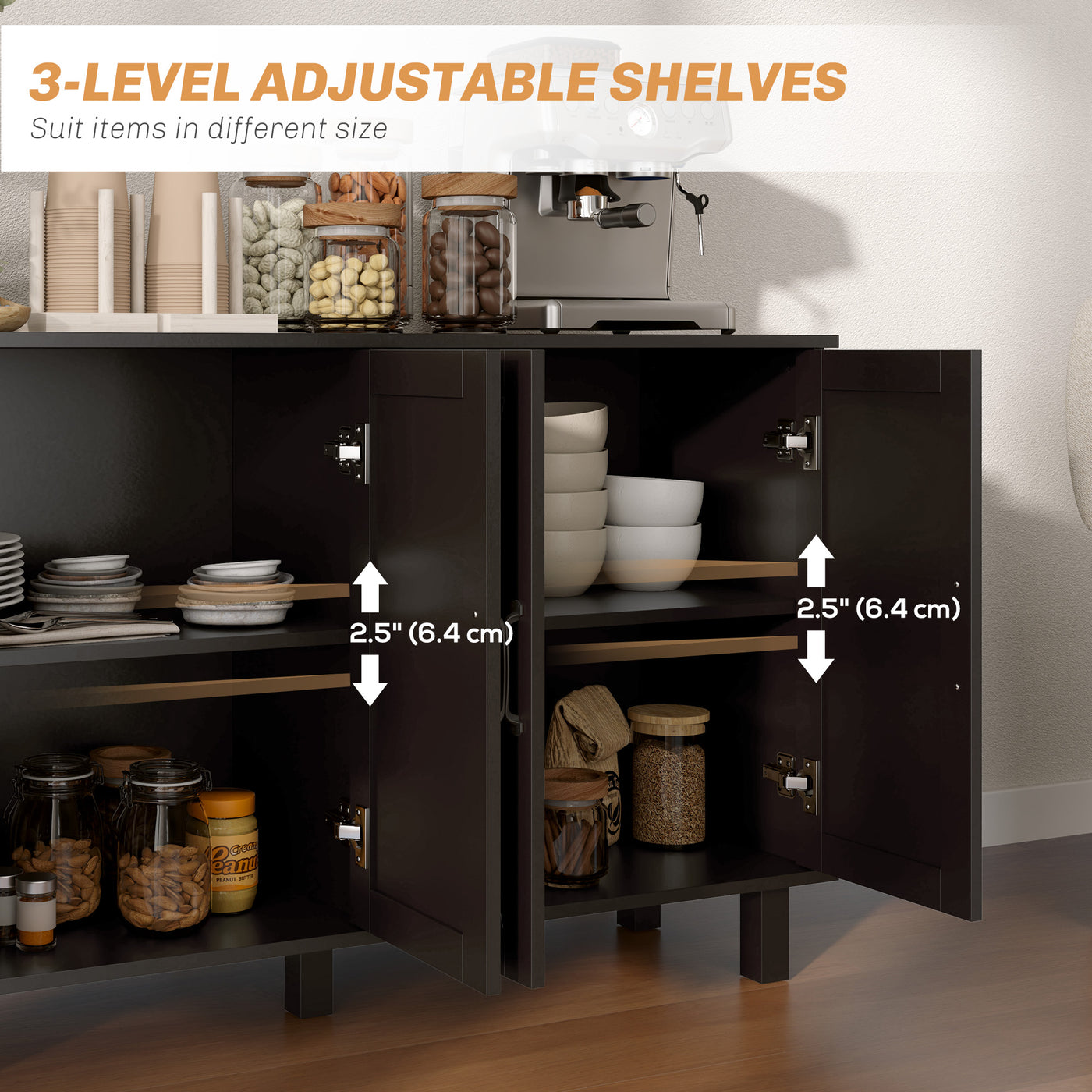 Kitchen Sideboard Cabinet with 4 Barn Doors and 2 Adjustable Shelves, Buffet Table for Living Room, Hallway, Black