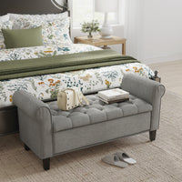 50 Inches Storage Ottoman, Upholstered Bedroom Bench with Rolled Arms and Button Tufted Storage, Light Grey