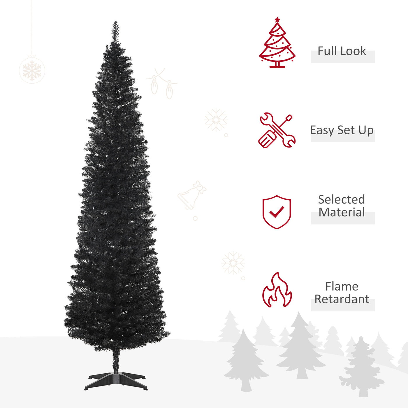 7FT Artificial Christmas Tree, Pencil Christmas Tree with Realistic Branches, Stable Stand, Black