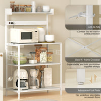Kitchen Baker's Rack with Power Outlet, Coffee Bar Station with Adjustable Shelves and Hooks, Distressed White