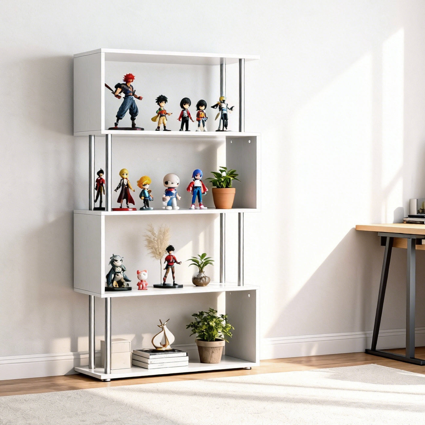 5-Tiers Geometric Wooden Bookcase S-Shaped Storage Bookshelf Display with Metal Frame for Living Room, Bedroom, Home Office, White
