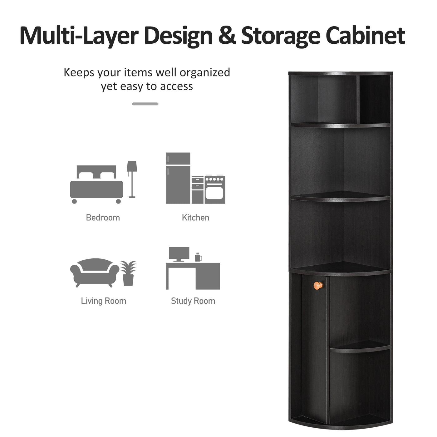 5-Tier Corner Bookcase, Storage Bookshelf, Freestanding Display Shelves with Open Compartments and Cabinet for Home Office, Living Room, Study, Black