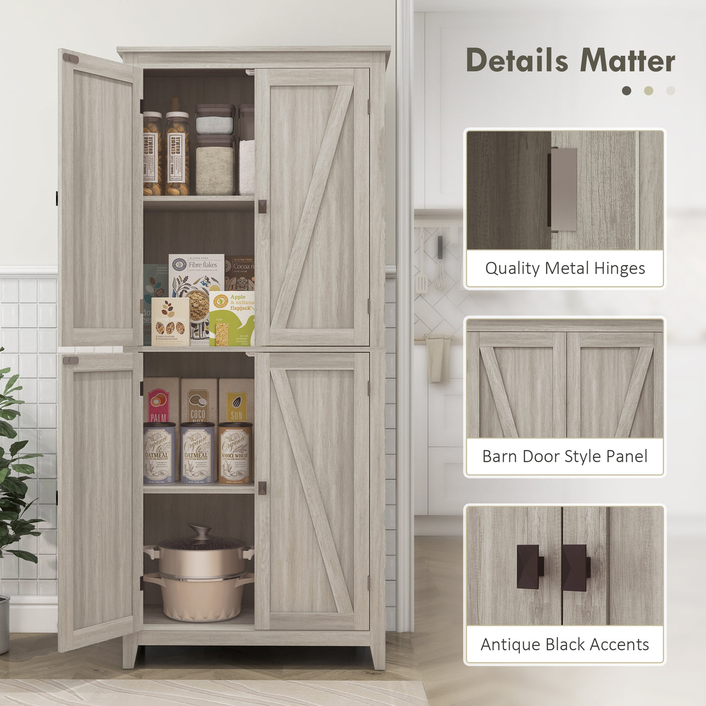 72" Freestanding Storage Cabinet, Kitchen Pantry Cabinet with Doors and Shelves for Dining Room, Grey