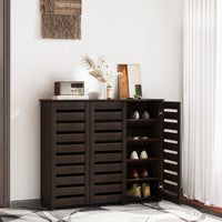 Narrow Shoe Cabinet with Slatted Doors, Adjustable Shelves for 20 Pairs of Shoes, Shoe Cabinet for Entryway, Dark Brown