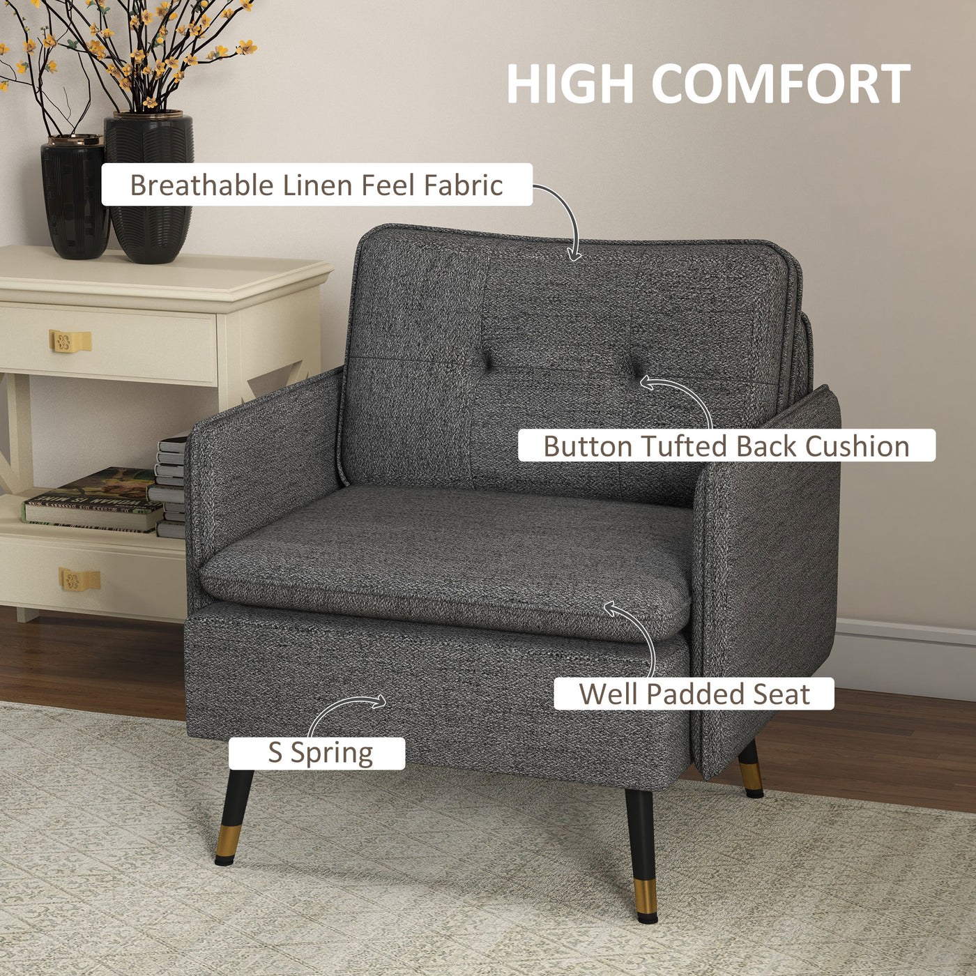 Accent Chair, Upholstered Armchair with Tufted Back Cushion and Steel Legs for Living Room, Bedroom, Dark Grey
