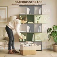 5-Tier Bookshelf, S Shaped Geometric Bookcase with 15 Compartments, Black Wood Grain