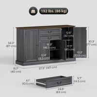 Farmhouse Sideboard with Charging Station and Thickened Top, 58" Buffet Cabinet with 2 Soft-Close Drawers, Black