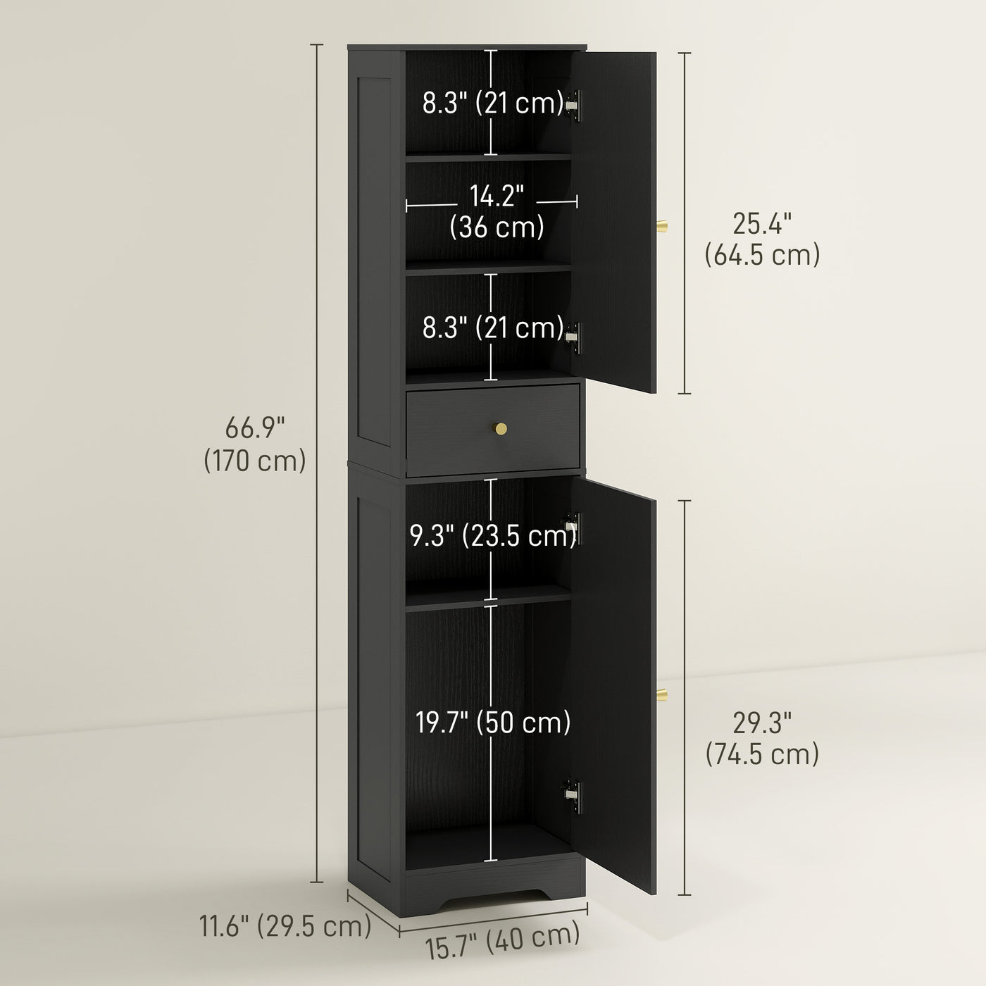 67" Tall Bathroom Cabinet, Slim Bathroom Storage Cabinet with 2 Doors, Drawer and Adjustable Shelf, Black Wood Grain