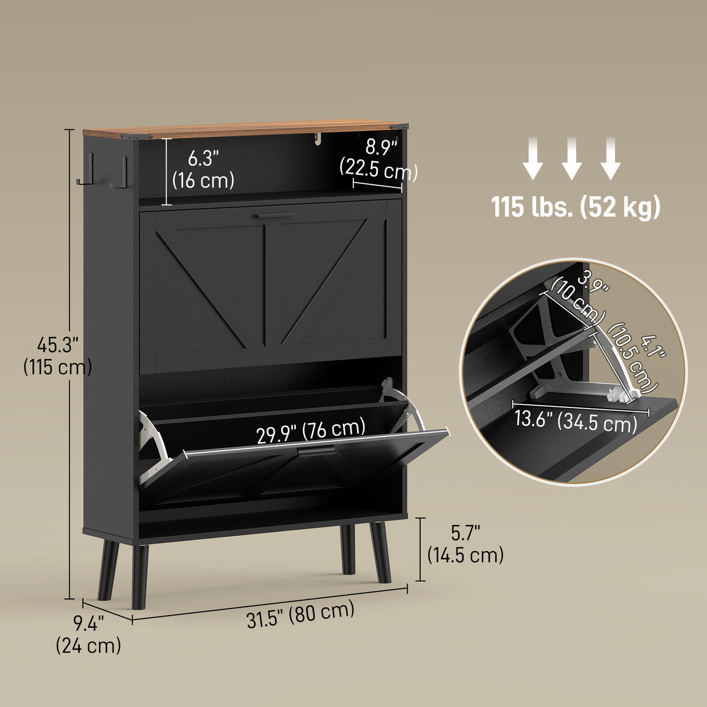 Shoe Storage Cabinet with 2 Flip Drawers, Farmhouse Narrow Shoe Cabinet, Holds Up to 16 Pairs, Black