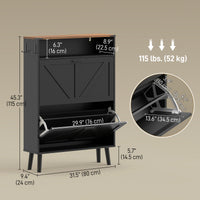 Shoe Storage Cabinet with 2 Flip Drawers, Farmhouse Narrow Shoe Cabinet, Holds Up to 16 Pairs, Black