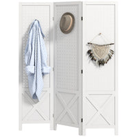 56.9" 3 Panel Wooden Room Divider with Pegboard Display, Folding Privacy Screen for Home Office, White