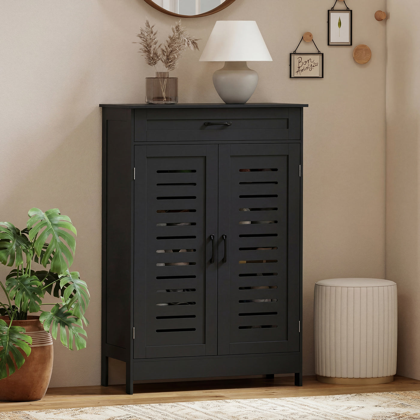 Shoe Cabinet with Louvered Doors, Modern Shoe Storage Cabinet with Drawer and Adjustable Shelves, Black