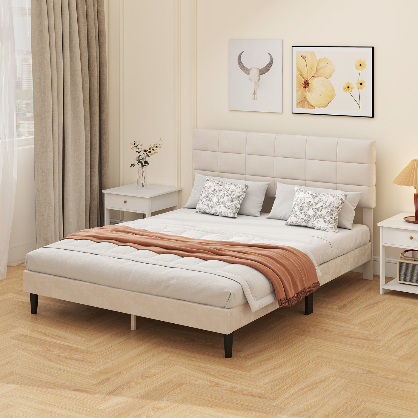 Queen Size Bed Frame with Upholstered Headboard, Modern Platform Bed Frame with Wood Slats, 1100 lbs Capacity, Cream