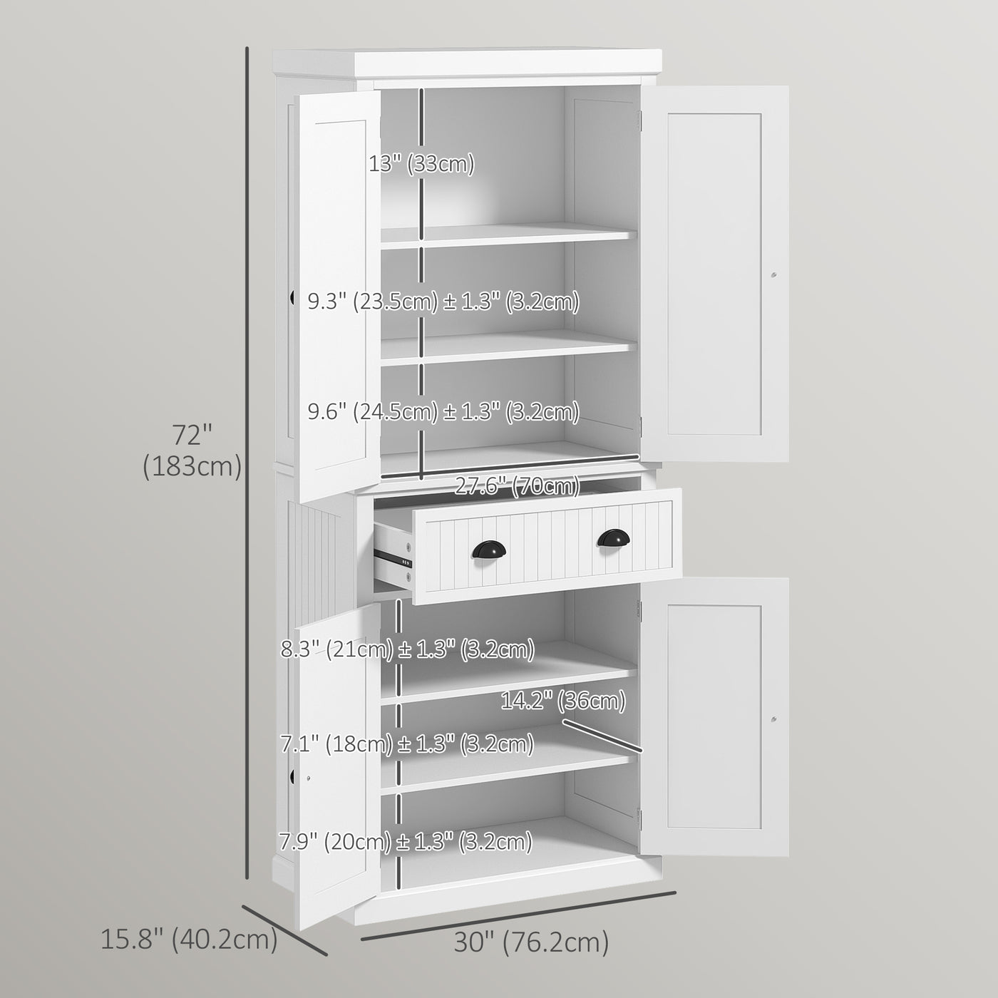 72" Kitchen Pantry, Freestanding Storage Cabinet with Adjustable Shelves, Drawer, Doors, Anti-tip Design, White