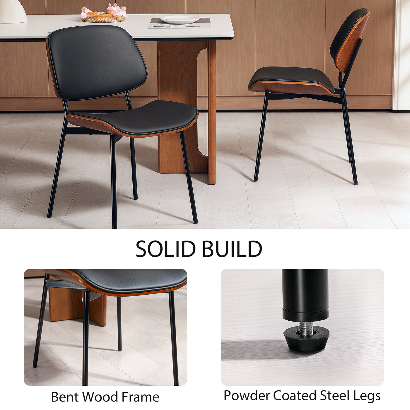Dining Chairs Set of 2, Mid Century Modern Dining Room Chairs with Bentwood Back and Metal Legs for Kitchen Living Room