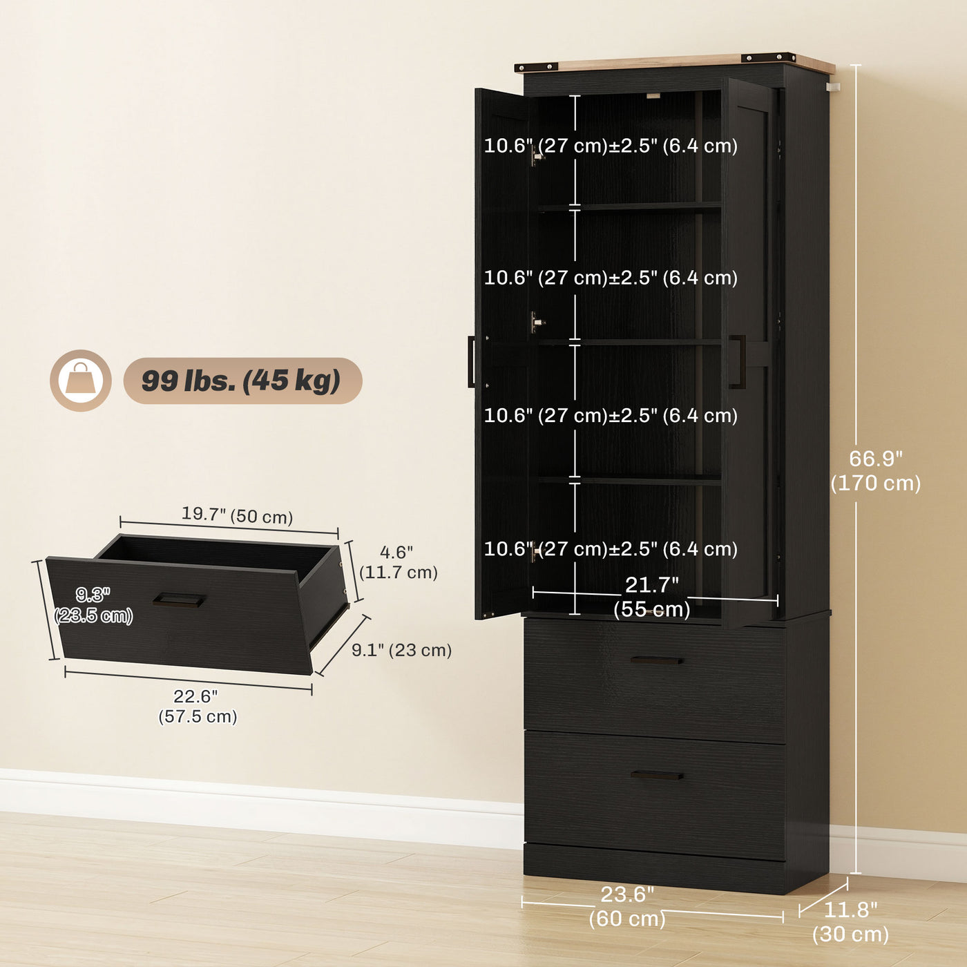 67" Tall Kitchen Pantry Storage Cabinet, Kitchen Pantry Cabinet with Doors, Drawers and Adjustable Shelves, Black