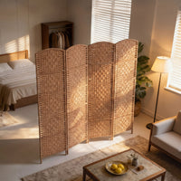 6ft Folding Room Divider, 4 Panel Wall Partition with Wooden Frame for Bedroom, Home Office, Natural