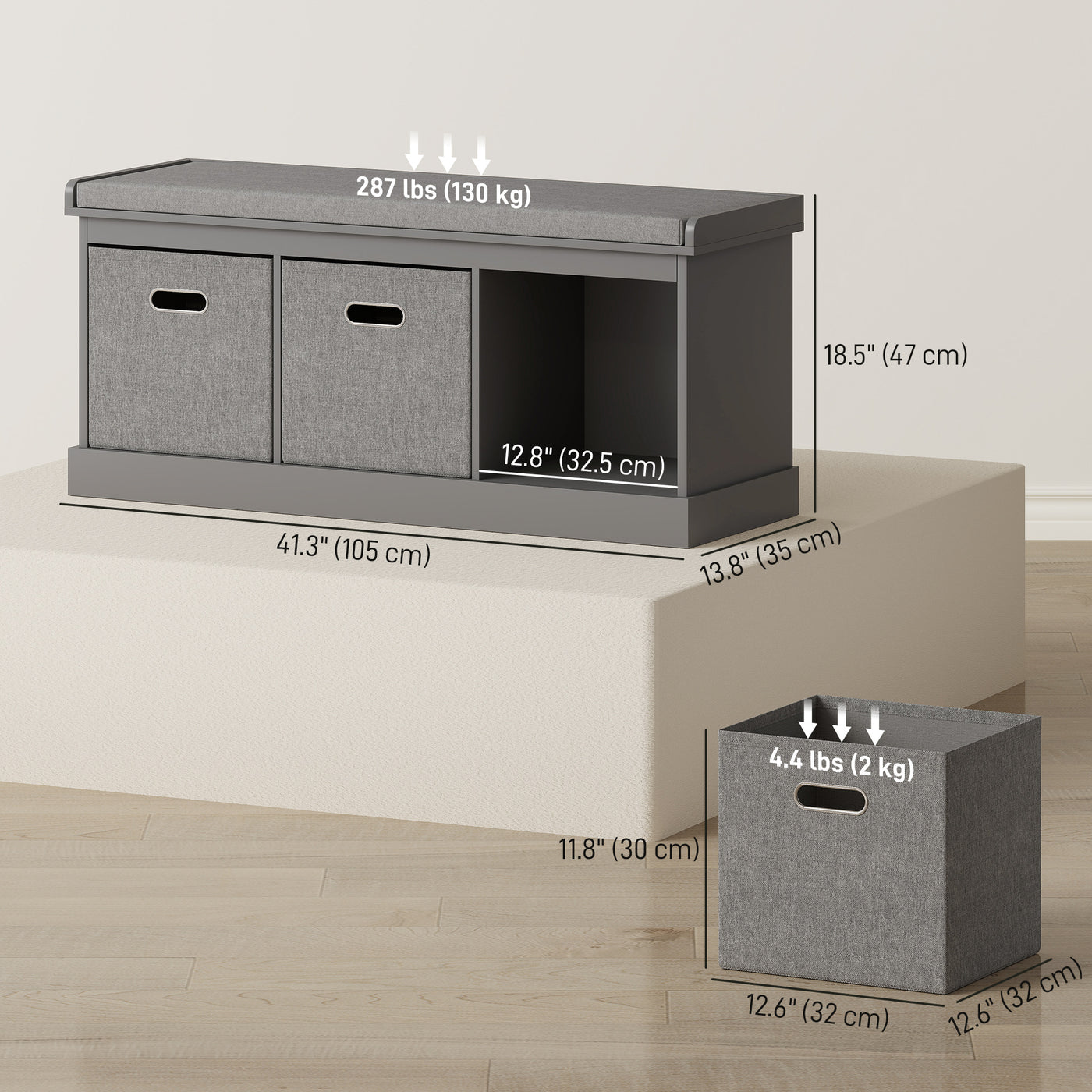 Shoe Storage Bench with Seat, Entryway Bench Seat with Cushion, 3 Fabric Drawers for Hallway, Dark Grey