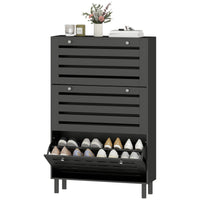 Narrow Shoe Storage Cabinet, 3 Flip Drawers, Adjustable Shelves, 18-24 Pairs Capacity, Black