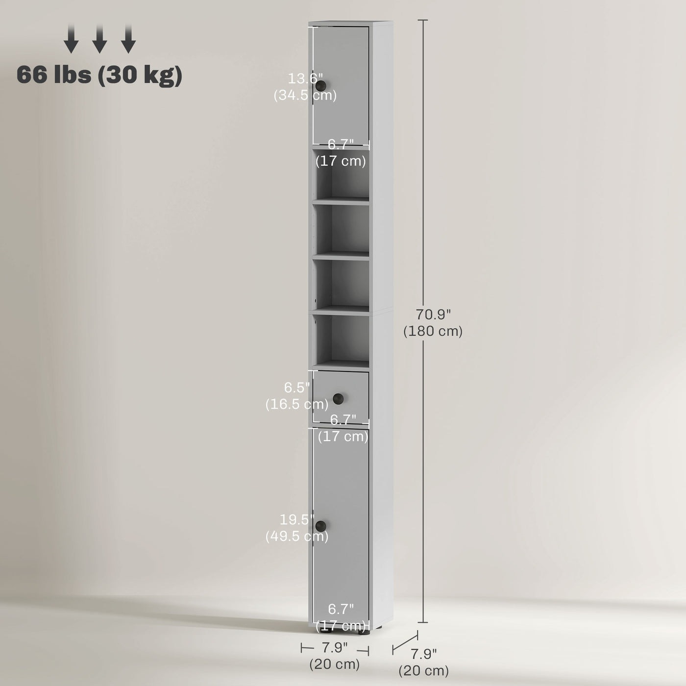 71" Tall Bathroom Cabinet, Narrow Toilet Paper Cabinet with Open Shelves, 2 Door Cabinets, Adjustable Shelves, Grey