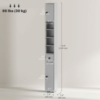 71" Tall Bathroom Cabinet, Narrow Toilet Paper Cabinet with Open Shelves, 2 Door Cabinets, Adjustable Shelves, Grey