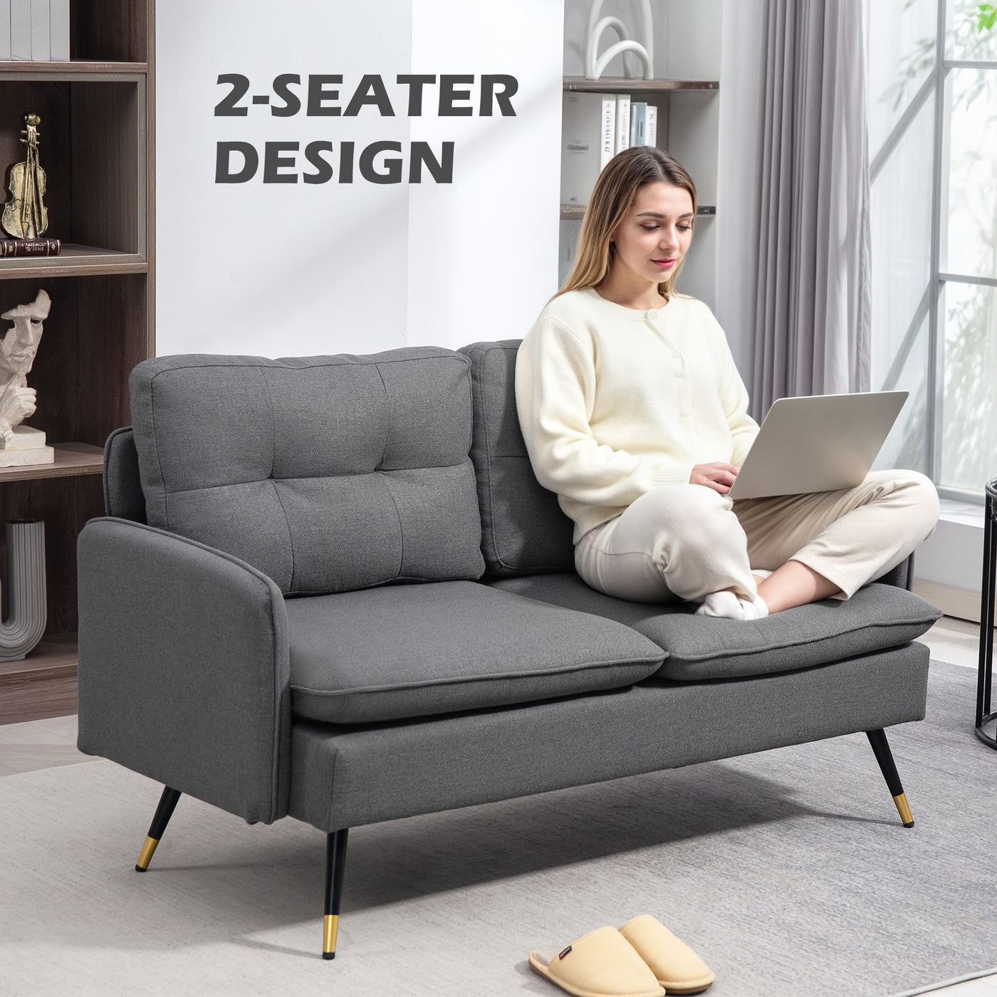 55" Loveseat Sofa, Linen Love Seat w/ S spring, Steel Legs and Button Tufting, Small Couch for Living Room, Dark Grey