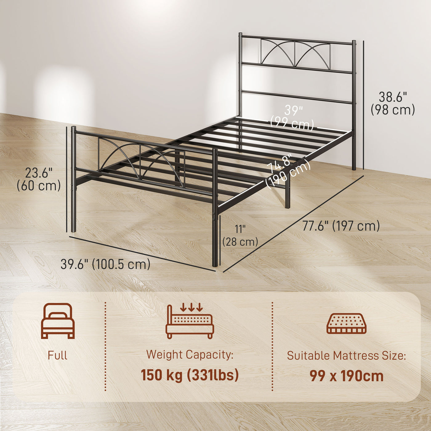 Metal Twin Platform Bed Frame with Headboard, Steel Slat Support, Underbed Storage, No Box Spring Needed, Easy Assembly