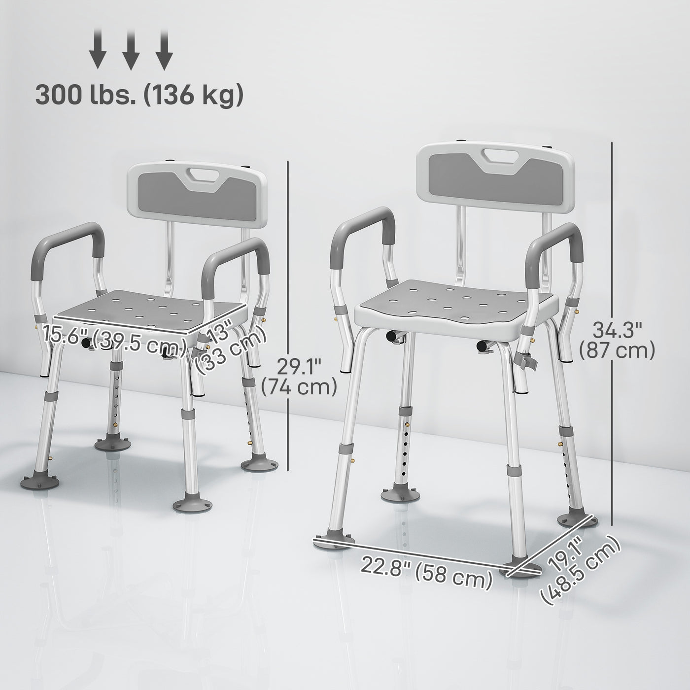 Adjustable Shower Chair with Arms Back and Padded Seat, Light Grey