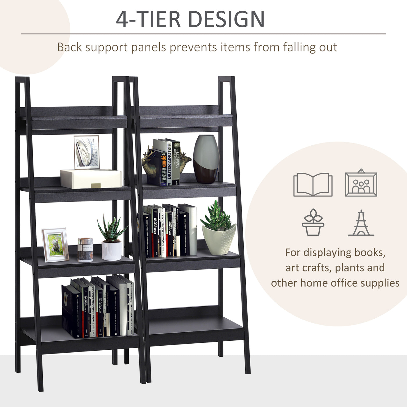 Set of 2, 4 Tier Ladder Shelf Bookcase, Multi-Use Display Rack, Storage Shelving Unit Display Stand, Flower Plant Stand, Home Office Furniture, Black