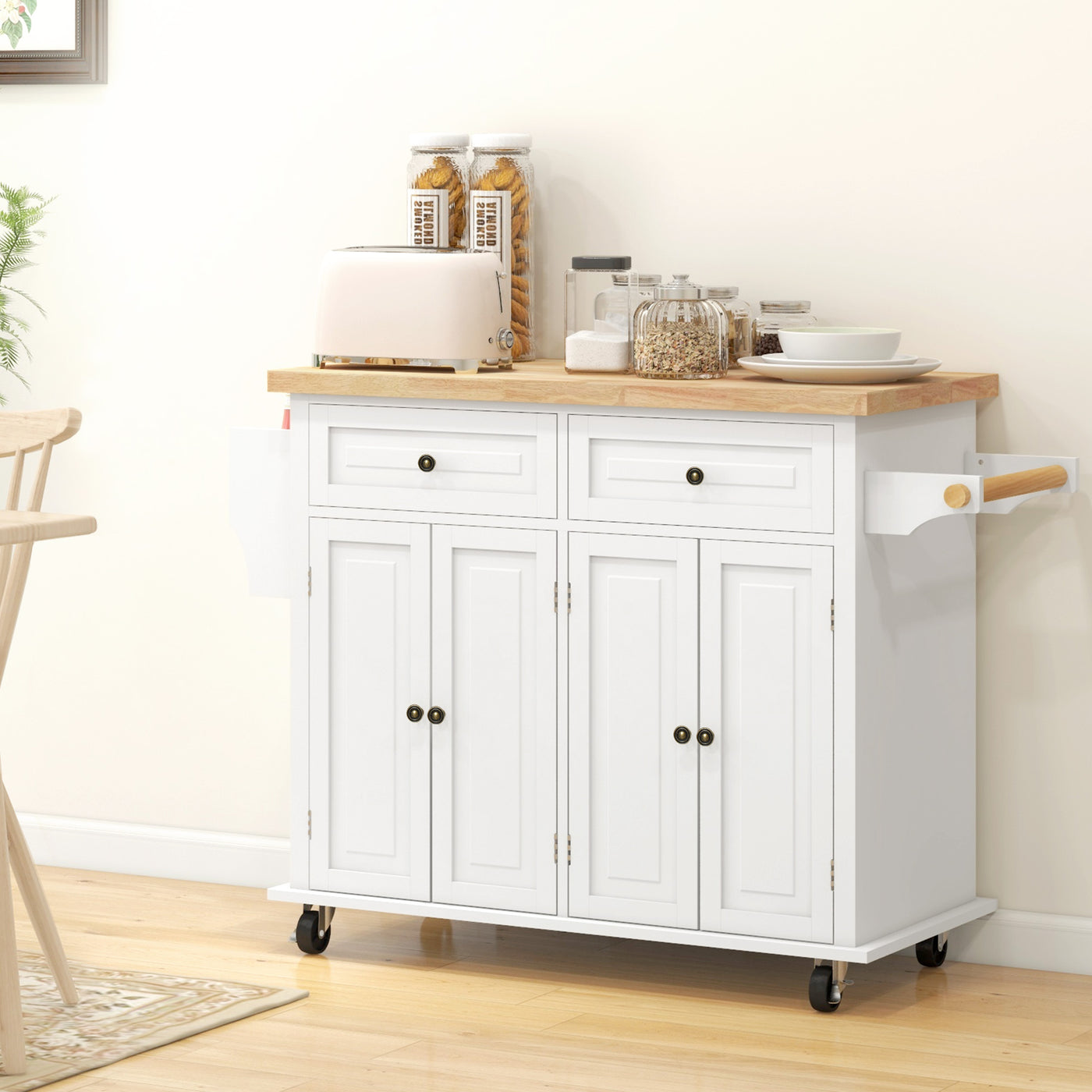 Kitchen Island with Storage, Rolling Trolley Cart with Rubber Wood Top, Spice Rack, Towel Rack, Cream White