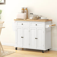Kitchen Island with Storage, Rolling Trolley Cart with Rubber Wood Top, Spice Rack, Towel Rack, Cream White