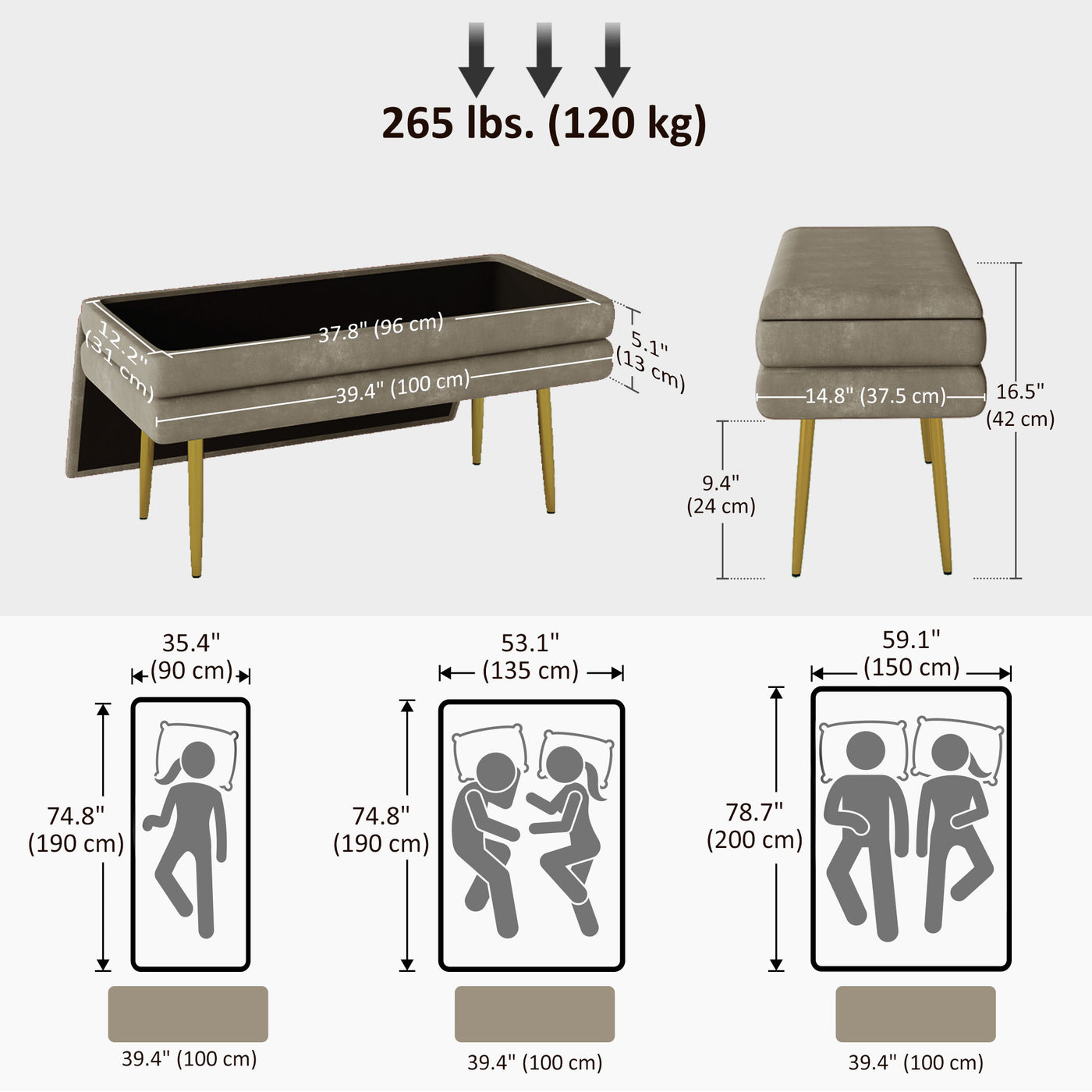 39" Storage Ottoman, Velvet End of Bed Bench with Steel Legs, Foot Stool with Storage for Bedroom, Living Room, Beige