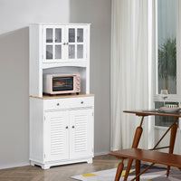 Coastal Style Kitchen Buffet and Hutch Wooden Storage Cupboard with Framed Glass Door LouveredCabinet  Drawers Microwave Space for Dining Room  Living Room  White