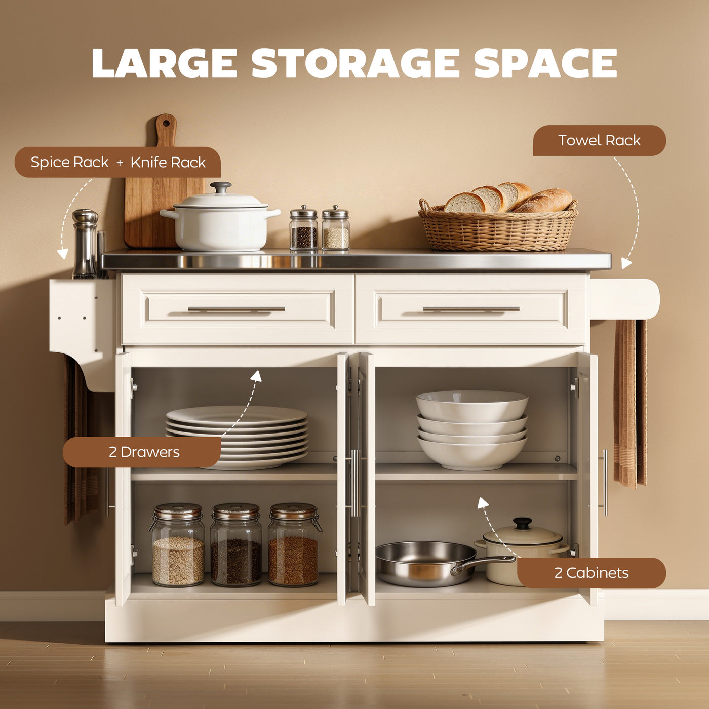Rolling Kitchen Island with Storage and Stainless Steel Top, Kitchen Trolley with Drawers, Cabinets, Towel Rack, Cream