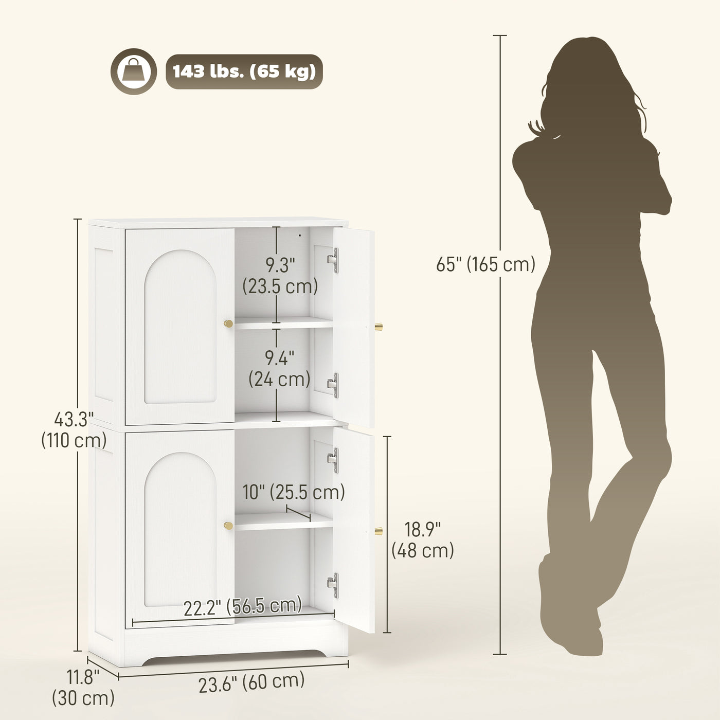 43" Kitchen Pantry Cabinet, Freestanding Modern Storage Cabinet with 4 Arched Doors and 2 Adjustable Shelves, White