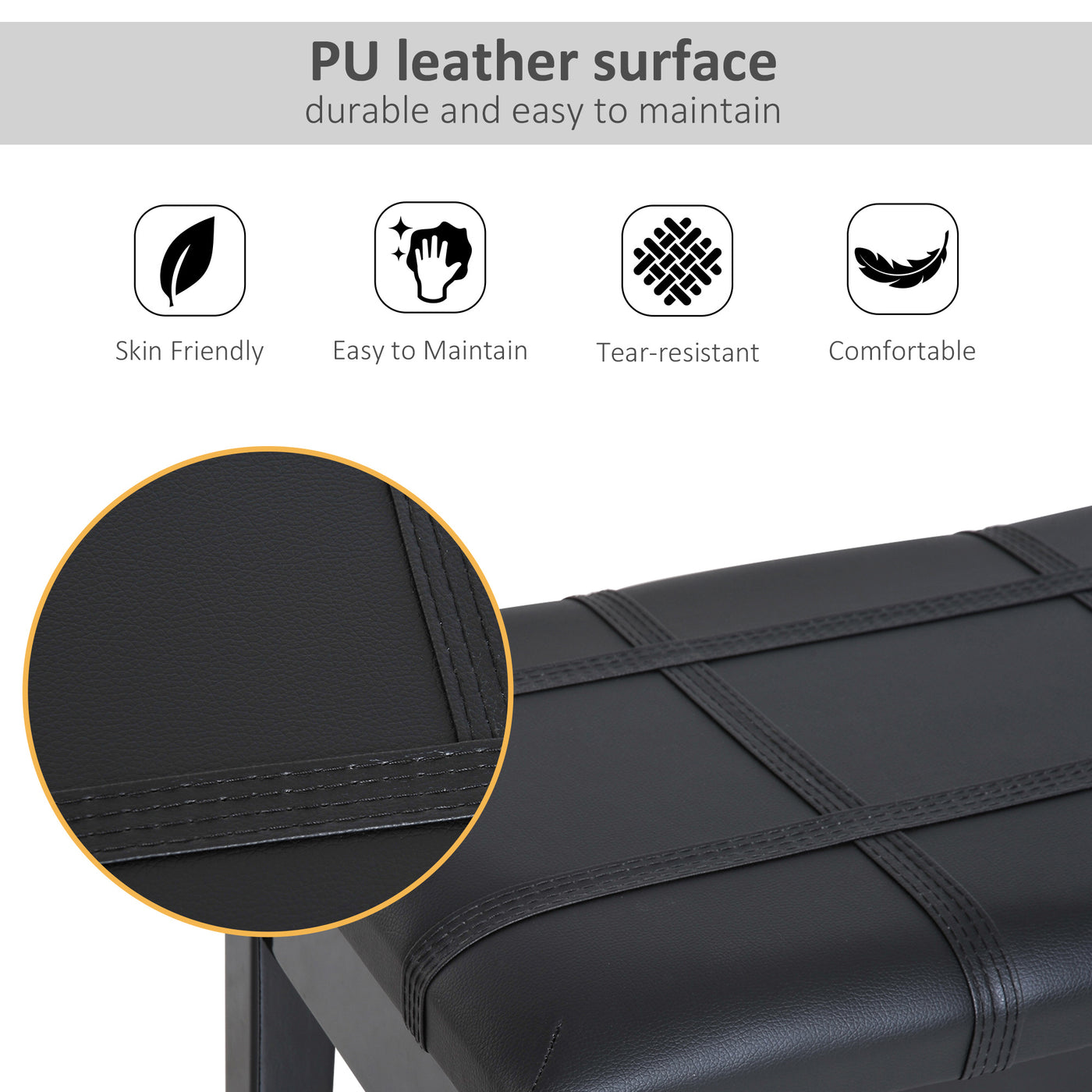Classic Piano Bench Stool, PU Leather Padded Keyboard Seat with Rubber Wood Legs and Music Storage Compartment, Banded Seat, Black