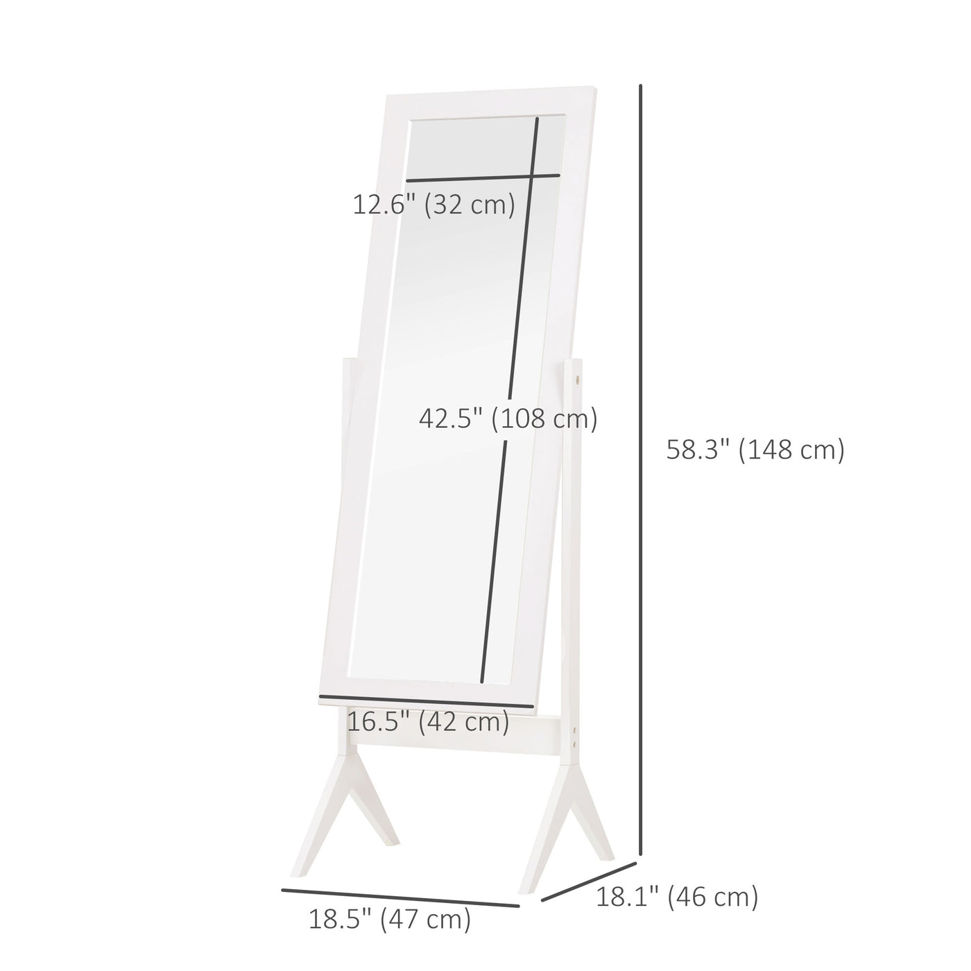 Full Length Mirror, Free Standing Full Body Mirror with Rectangular Frame, Adjustable Angle for Dressing Room, Bedroom, Living Room, White