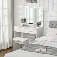 Makeup Vanity Desk Set with Stool, Dressing Table with LED Lighting Mirror, Drawers, for Bedroom, White