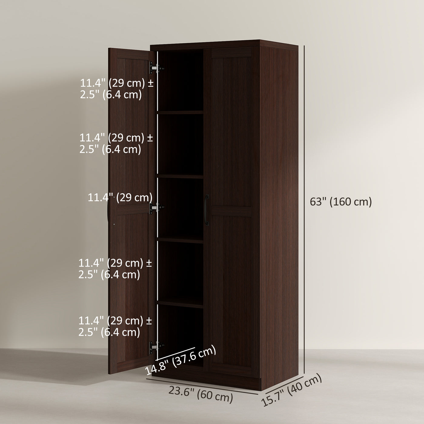 63" Kitchen Storage Cabinet, 5-tier Pantry Cabinet with Doors and Adjustable Shelves for Dining Room, Dark Brown
