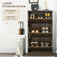 Shoe Storage Cabinet Organizer for 18 Pairs of Shoes with 3 Flip Drawers and Adjustable Shelves, Walnut